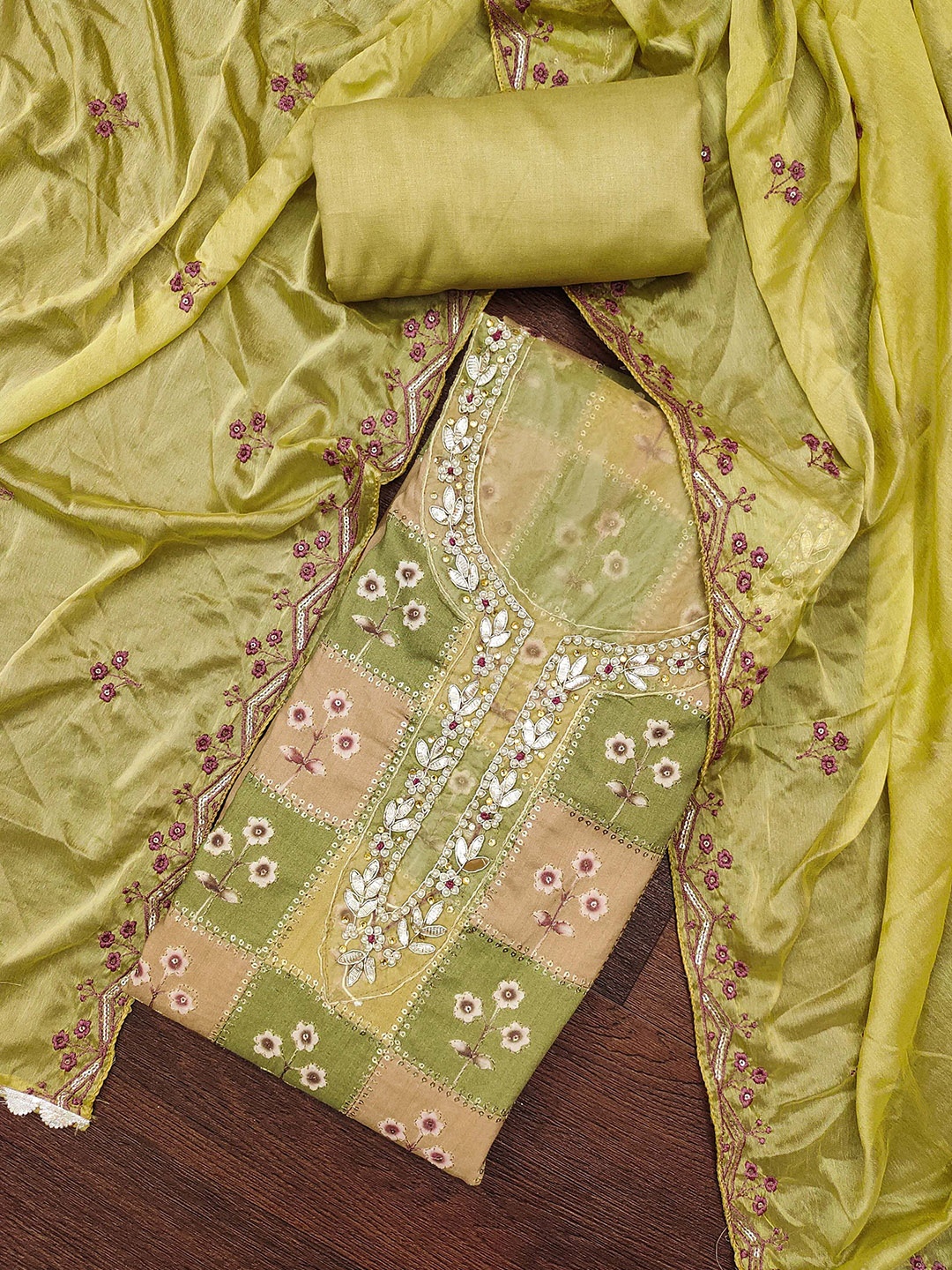 

MANVAA Floral Printed Sequinned Unstitched Dress Material, Green