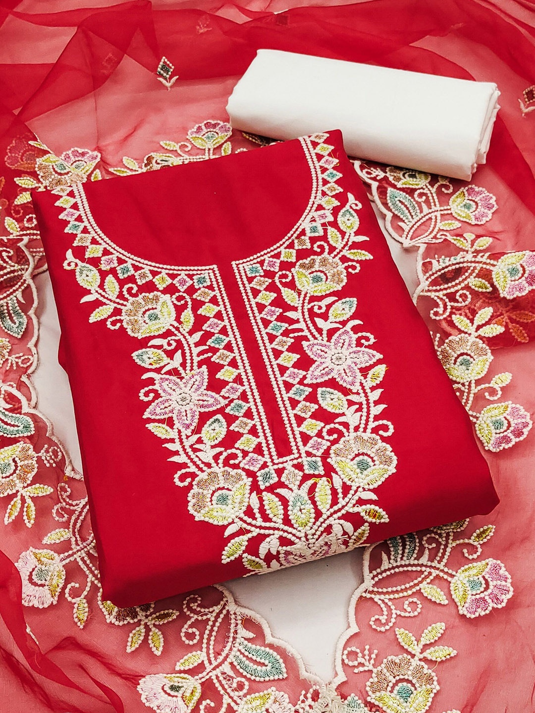 

MANVAA Floral Embroidered Beads and Stones Unstitched Dress Material, Red