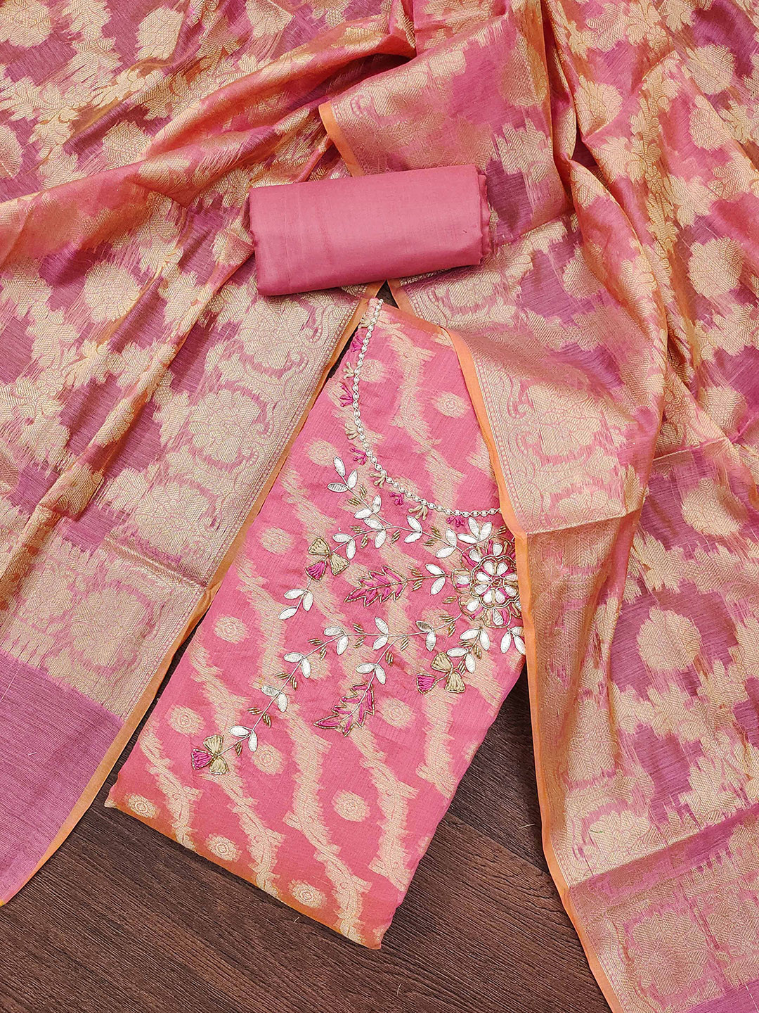 

MANVAA Floral Woven Design Beads and Stones Unstitched Dress Material, Pink
