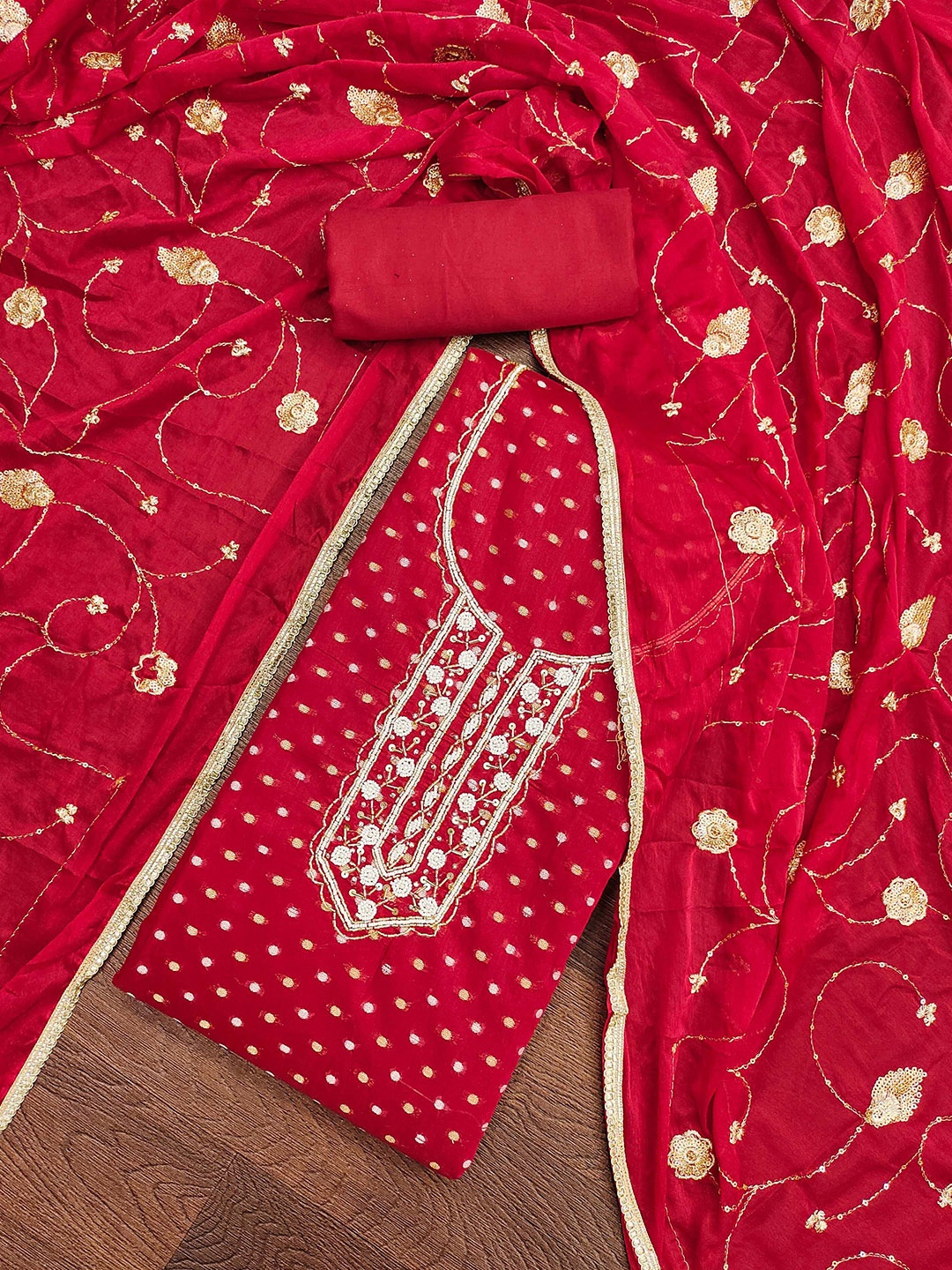 

MANVAA Geometric Woven Design Beads and Stones Unstitched Dress Material, Red