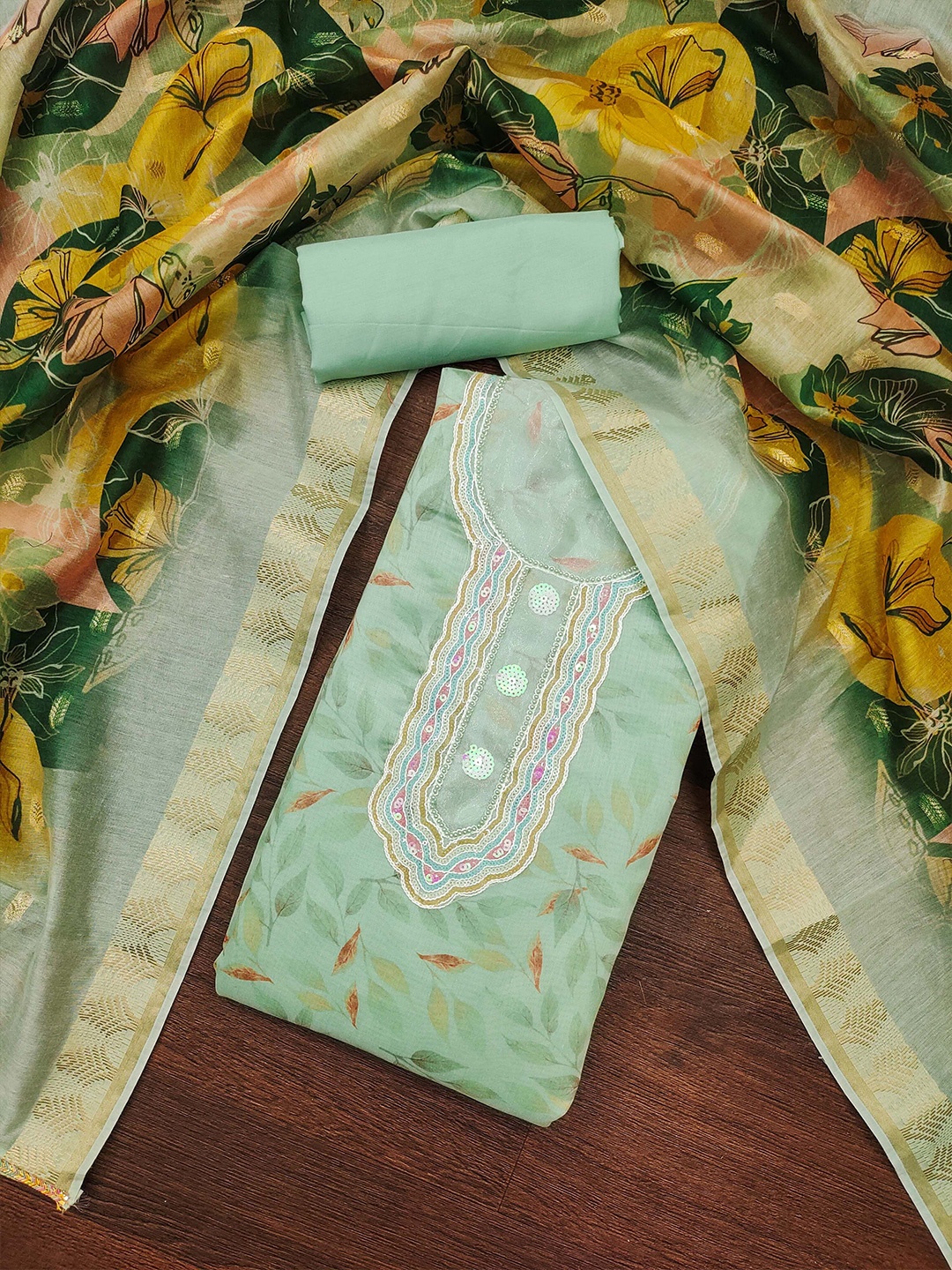 

MANVAA Floral Printed Sequinned Unstitched Dress Material, Sea green