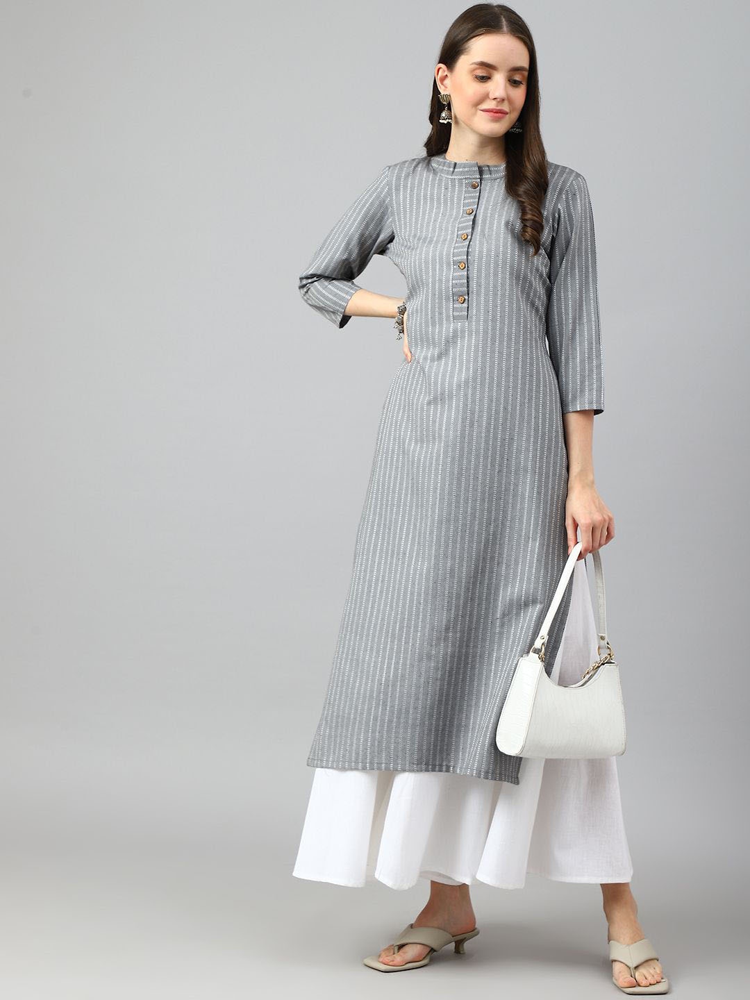 

Saanjh Grey Striped Mandarin Collar Jacquard Weave Cotton Straight Kurta