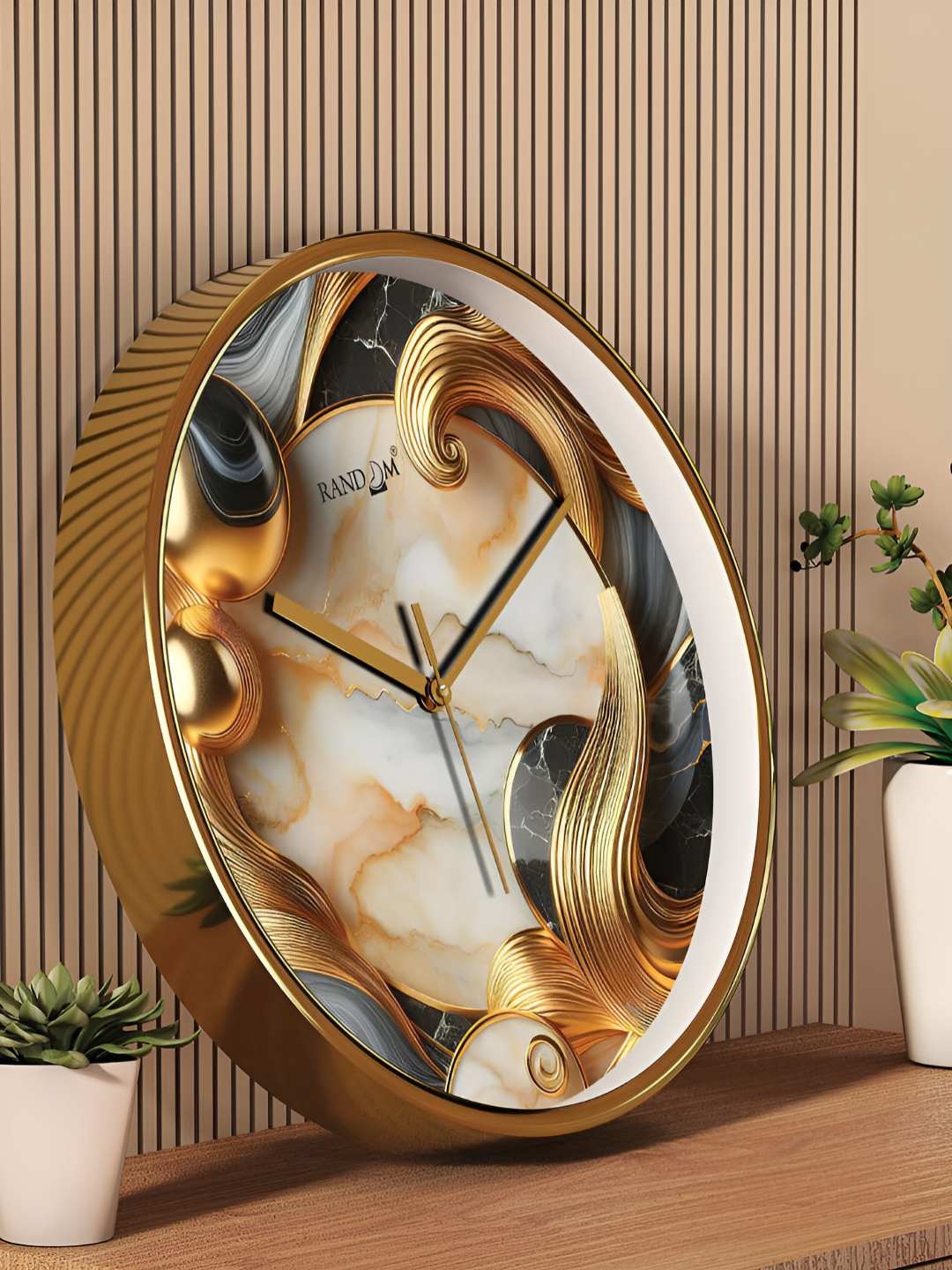 

RANDOM Gold Toned & White Printed Contemporary Round Wall Clock