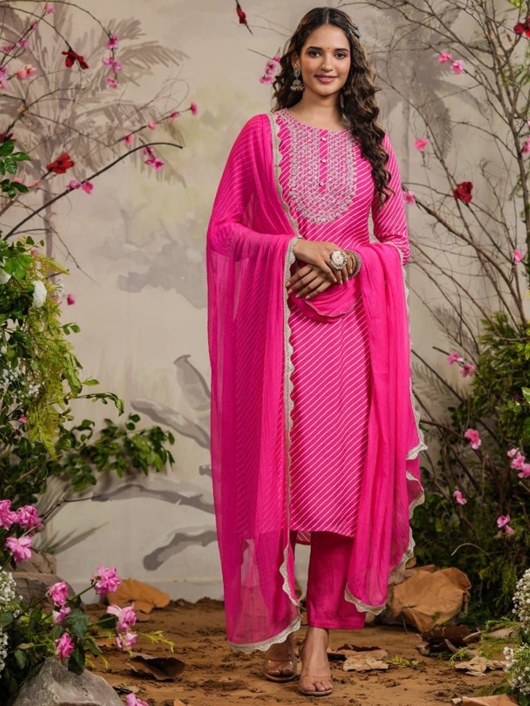 

Aarti Fashion Leheriya Printed Regular Sequinned Kurta with Trousers & With Dupatta, Pink