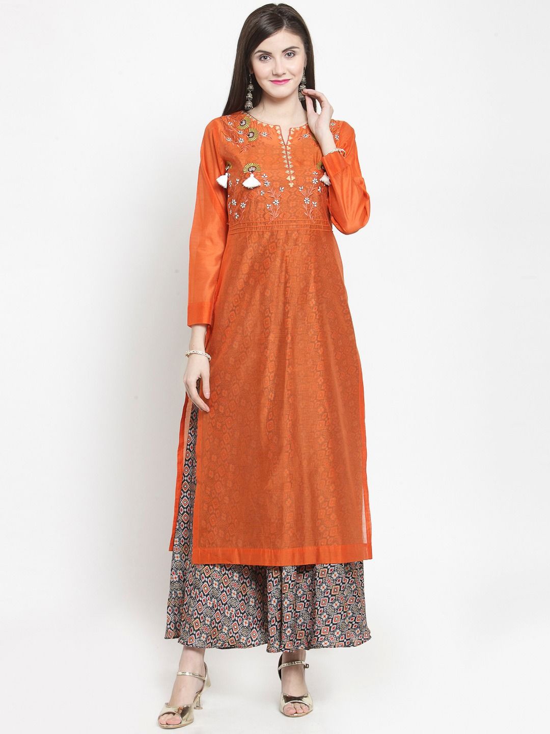 

KALINI Embroidered Straight Long Kurta With Printed Inner, Orange