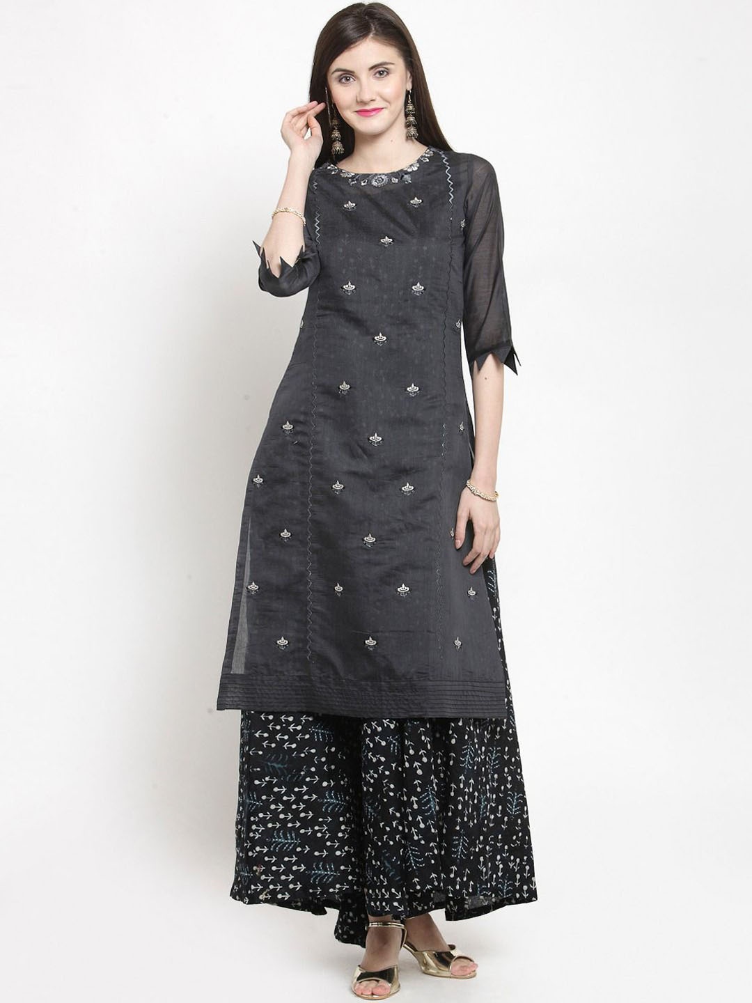 

KALINI Embroidered Straight Long Kurta With Printed Inner, Black