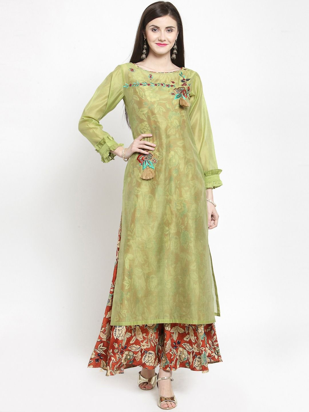 

KALINI Women Printed Flared Kurta, Olive