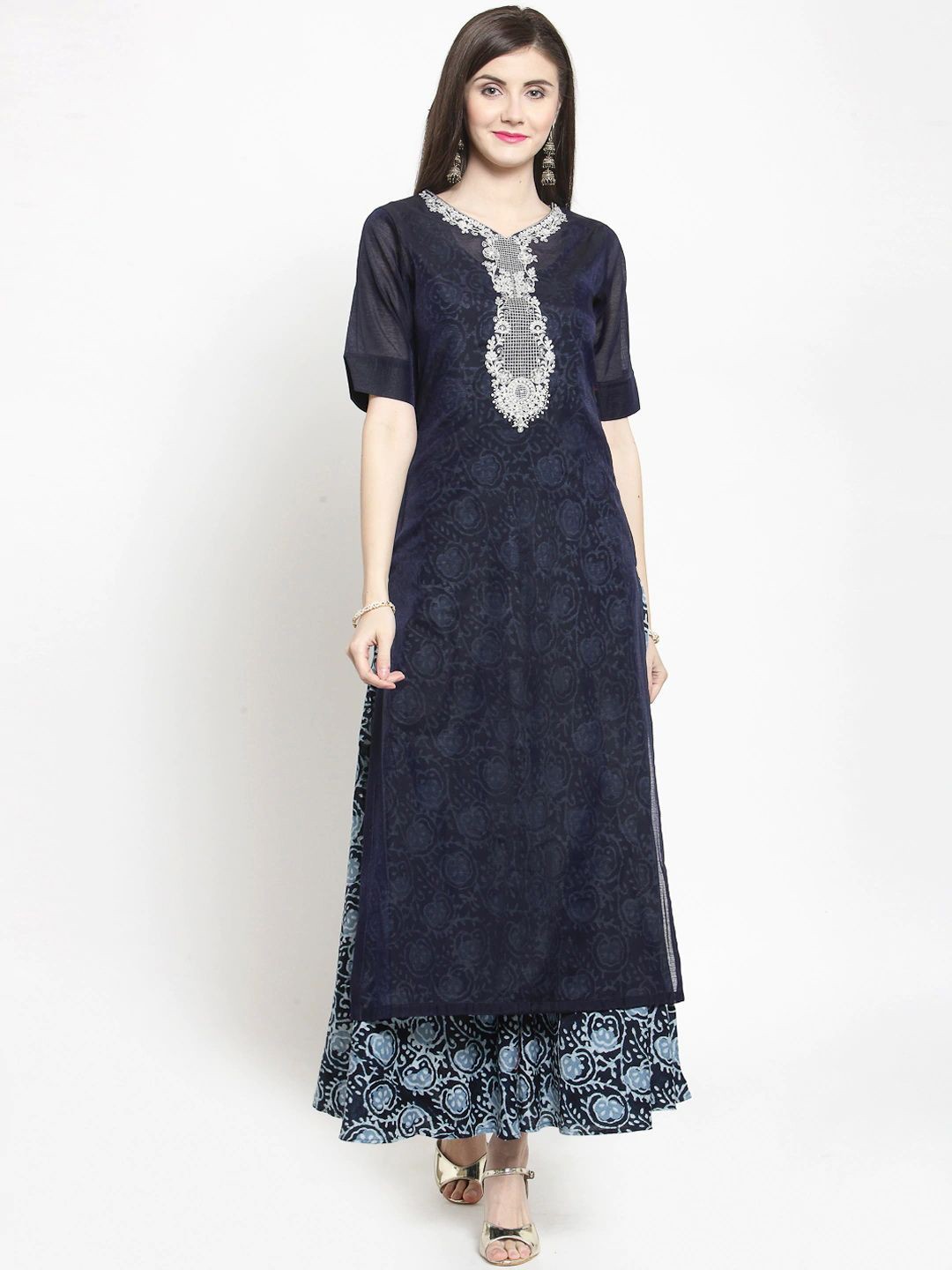 

KALINI Embroidered Straight Long Kurta With Printed Inner, Navy blue