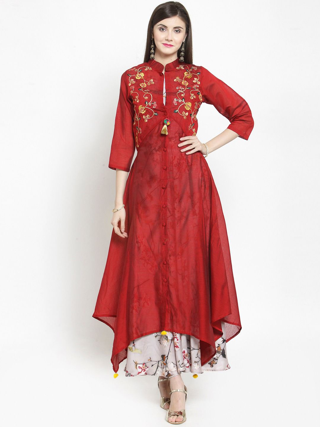

KALINI Women Embroidered Mandarin Collar Flared Ankle Length Kurta With Printed Inner, Red