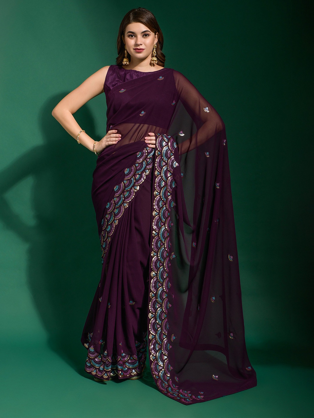 

CANIZZARO Embellished Sequinned Pure Georgette Saree, Magenta