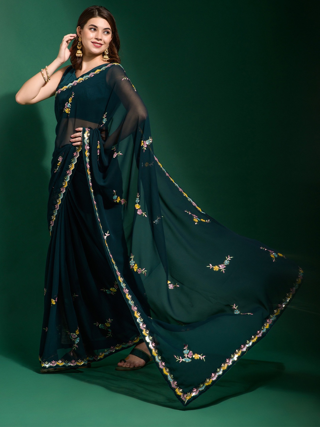 

CANIZZARO Floral Embroidered Pure Georgette Saree, Teal