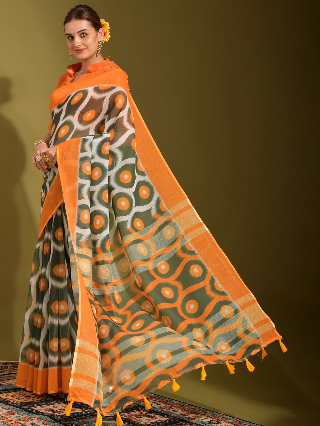 

CANIZZARO Abstract Printed Pure Linen Saree, Orange