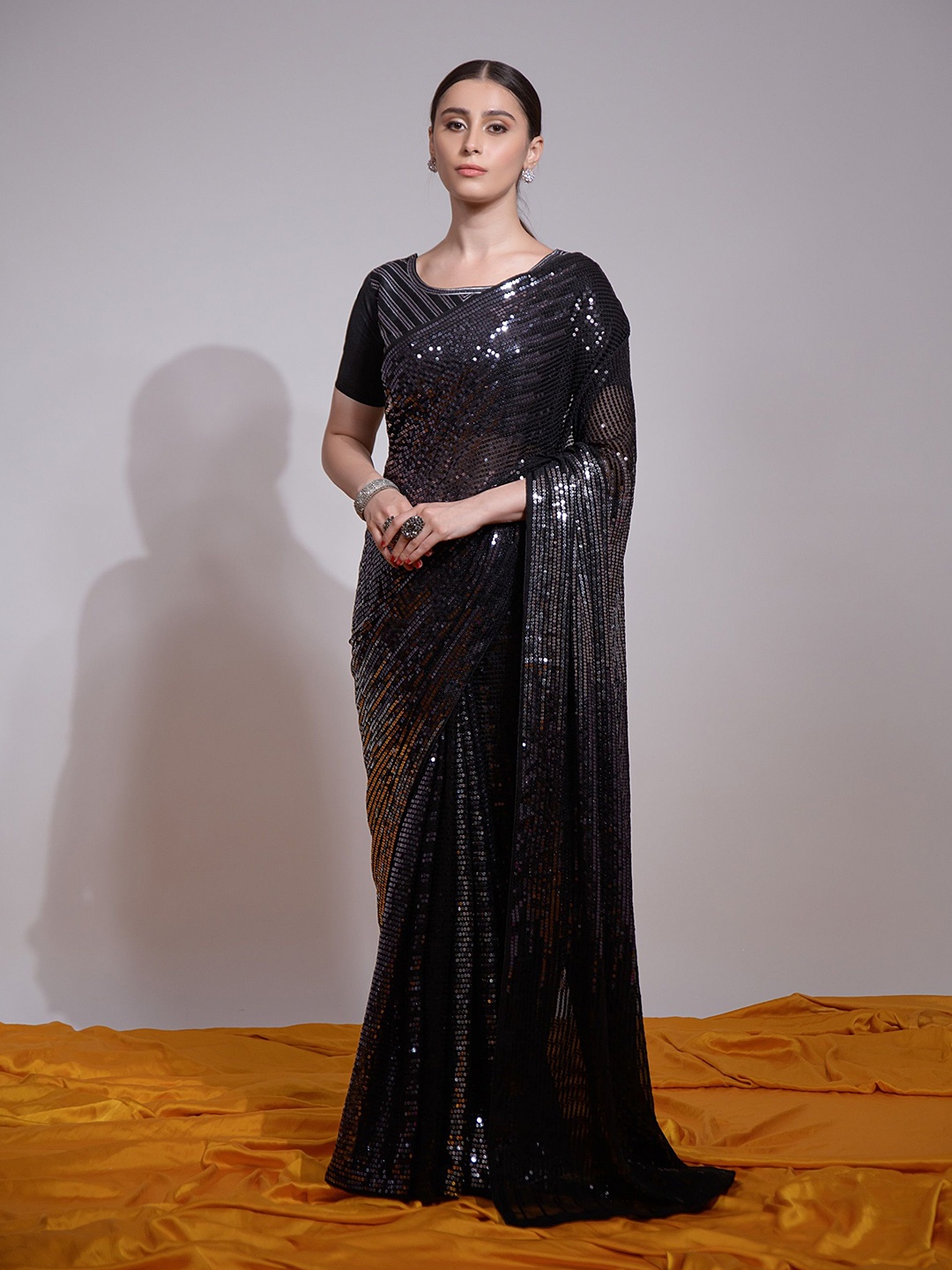 

CANIZZARO Embellished Sequinned Pure Georgette Saree, Black