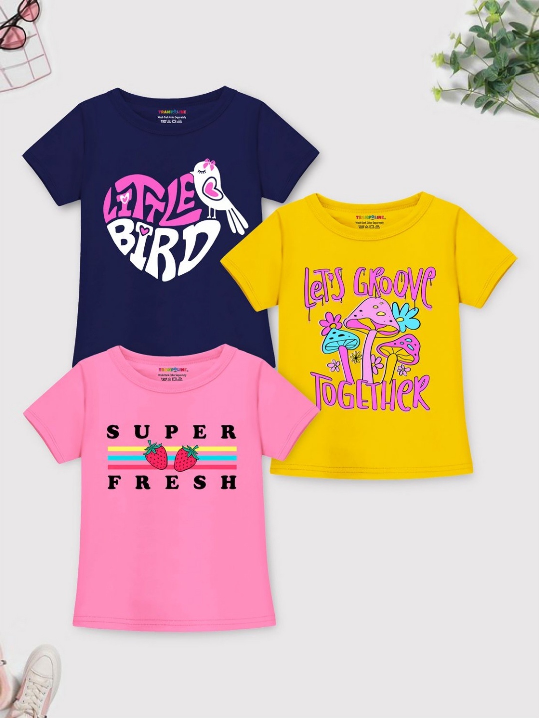 

YK X Trampoline Girls Cotton Printed T-shirt Set Of 3, Yellow