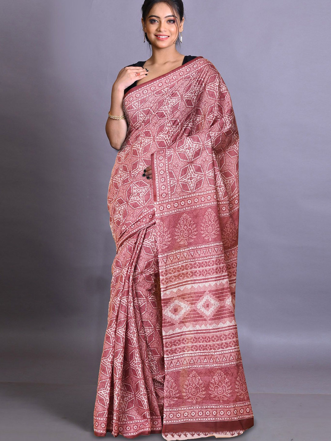 

Unnati Silks Pure Cotton Handloom Block Print Saree, Pink