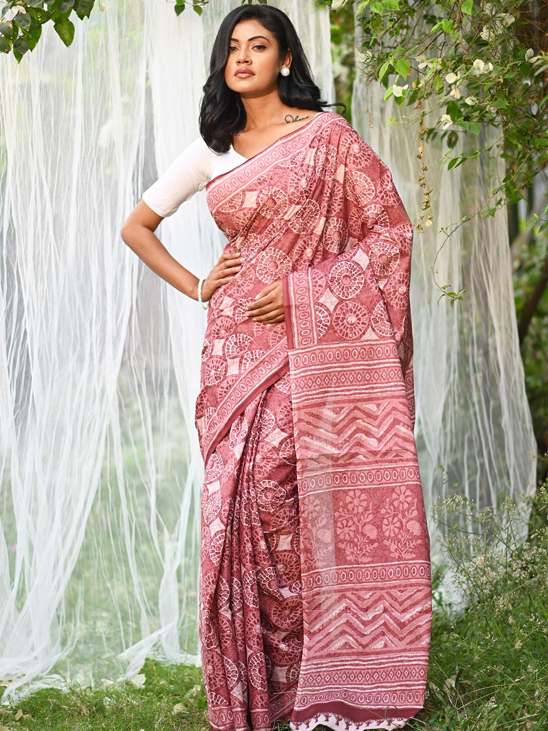 

Unnati Silks Pure Cotton Handloom Block Print Saree, Pink