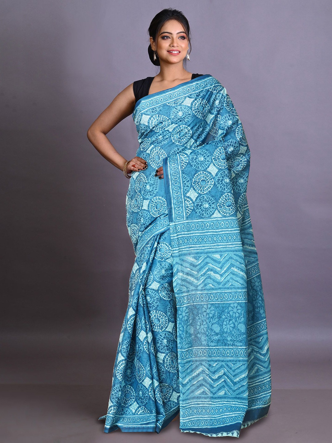 

Unnati Silks Pure Cotton Handloom Block Print Saree, Blue