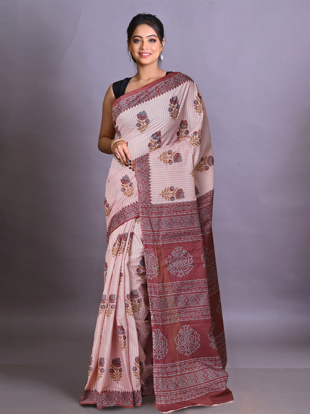 

Unnati Silks Ethnic Motif Pure Cotton Handloom Block Print Saree, Pink