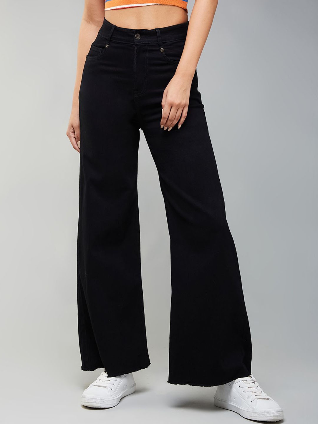 

DOLCE CRUDO High Rise Clean Look Regular-Length Stretchable Wide Leg Denim Jeans, Black