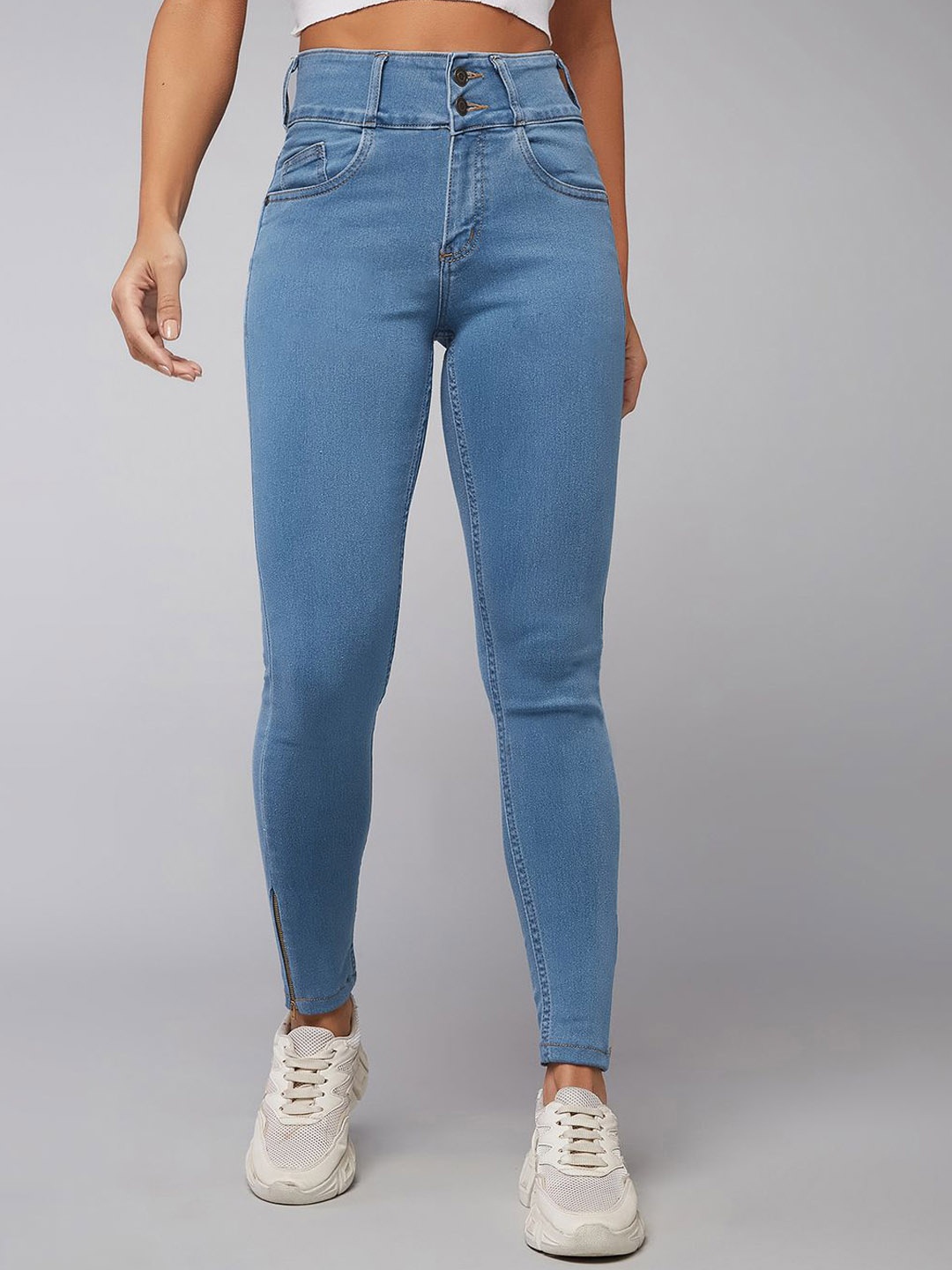 

DOLCE CRUDO Skinny High Rise Broad Waist Band Zipper Detailing Denim Jeans, Blue