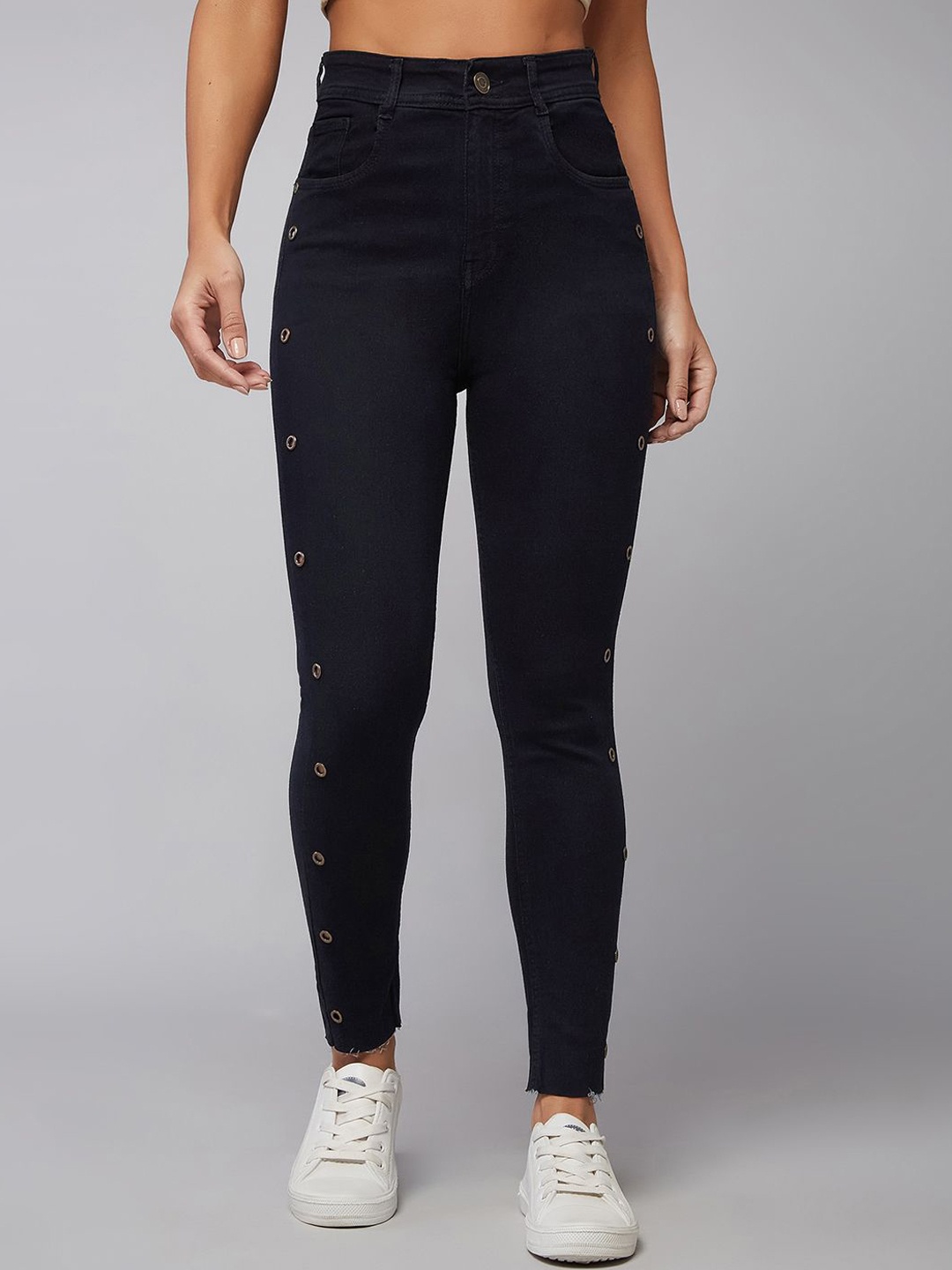 

DOLCE CRUDO Slim Fit Cropped Length Eyelet Detailing High Rise Denim Jeans, Black