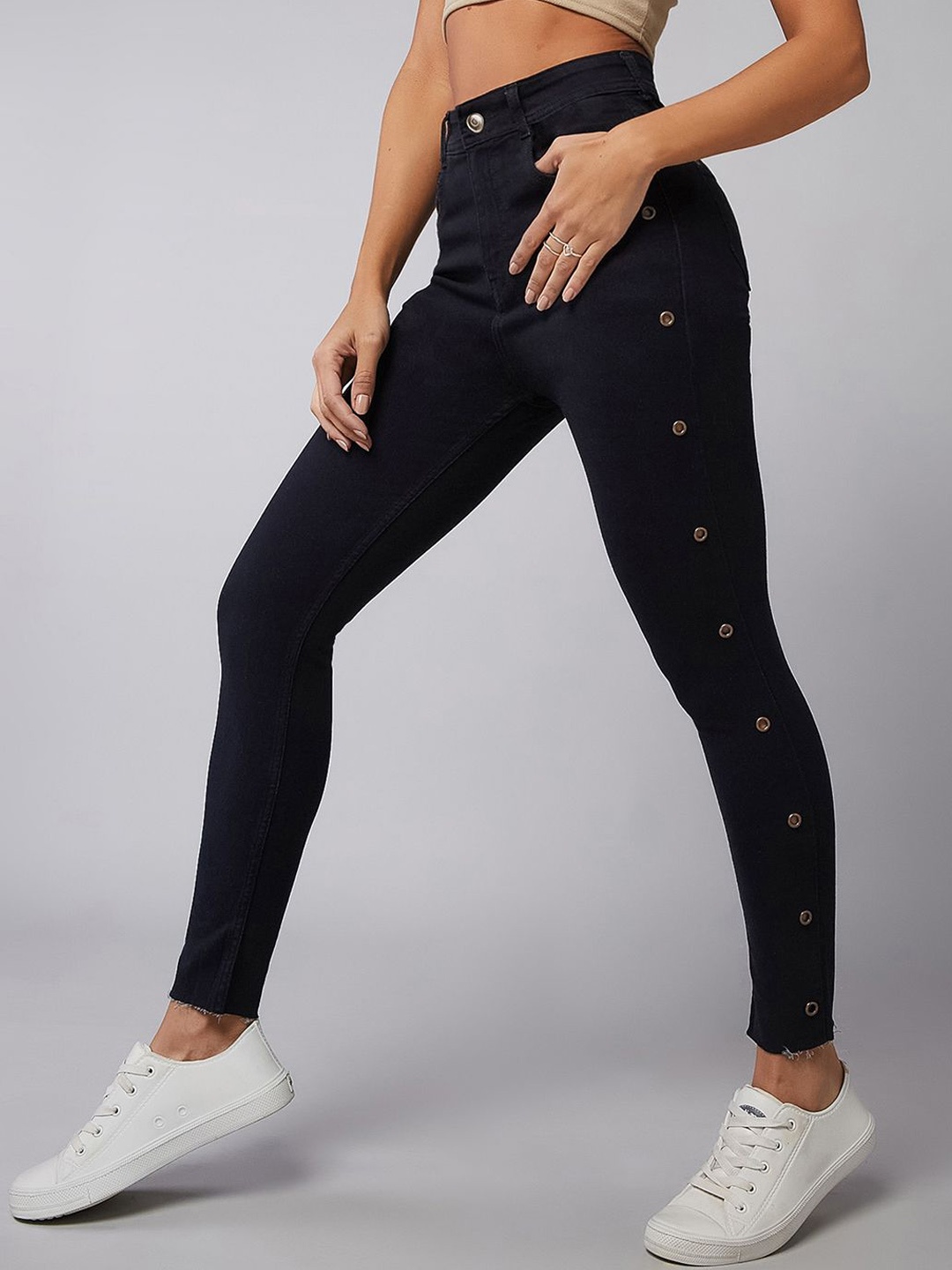 

DOLCE CRUDO Slim Fit Cropped Length Eyelet Detailing High Rise Denim Jeans, Black