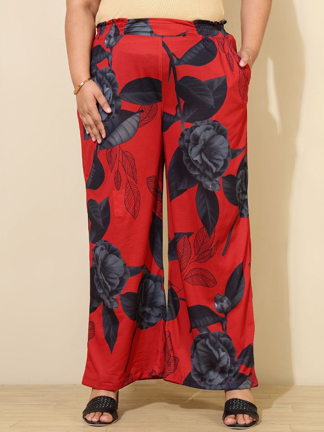 

Amydus Plus Size Women Floral Printed High-Rise Trousers, Red