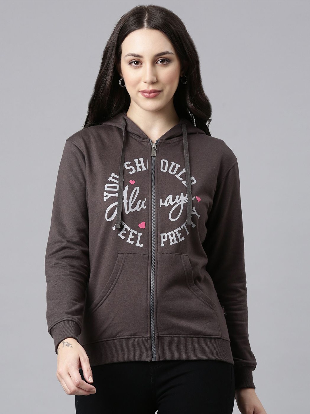 

DIXCY SCOTT Slimz Women Printed Hooded Sweatshirt Jane Hoodie Forged Iron-Forged Iron, Grey