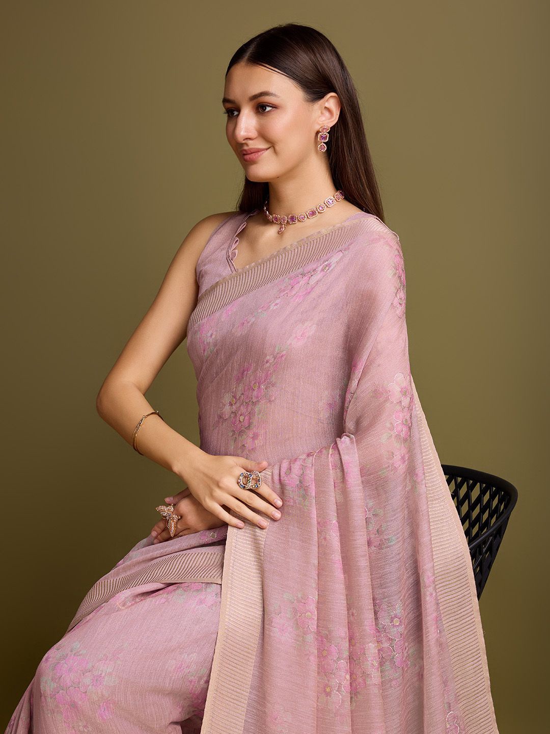 

Mitera Sequinned Floral Tissue Saree, Pink