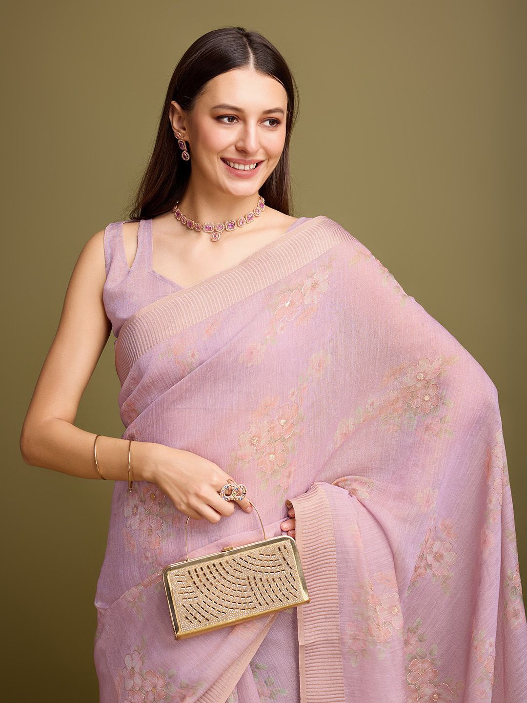 

Mitera Floral Printed Zari Tissue Saree, Lavender