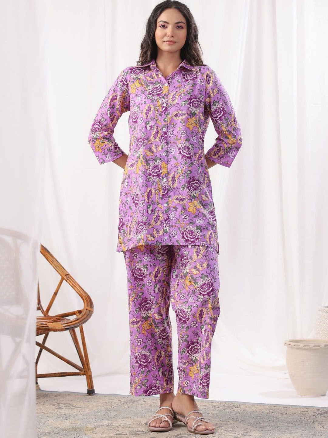 

AUTUMN LANE Freya Printed Shirt Collar Pure Cotton Tunic With Trousers, Purple