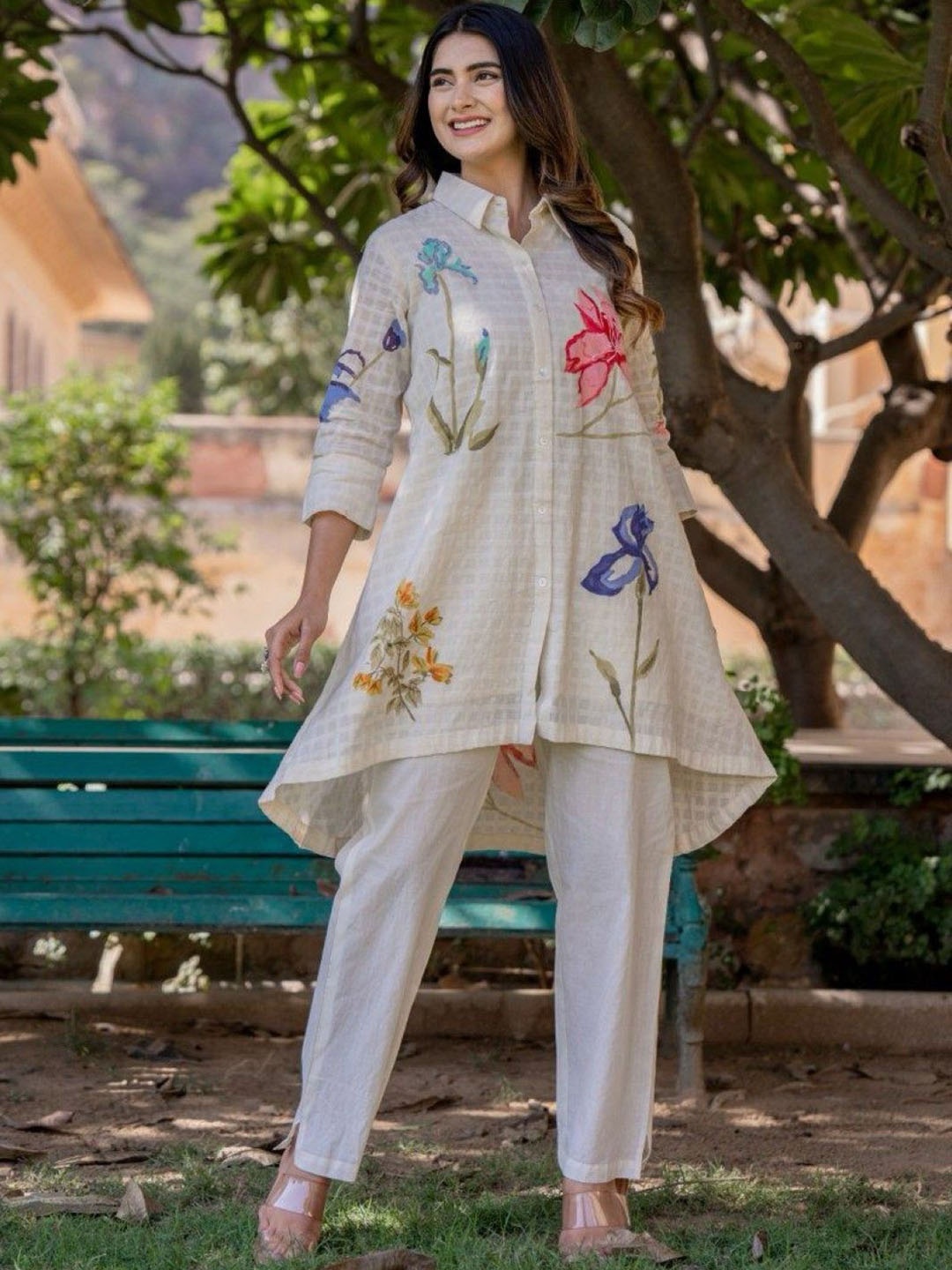 

AUTUMN LANE Printed Pure Cotton Shirt & Trousers Co-Ord, Off white