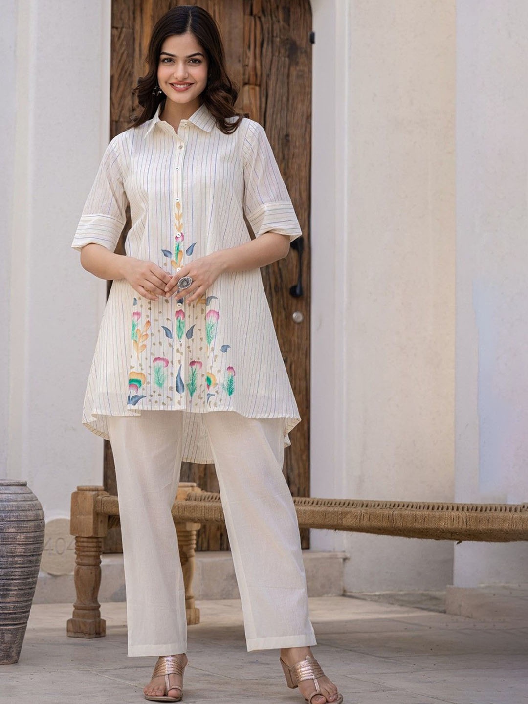 

AUTUMN LANE Teresa Striped Pure Cotton Tunic With Trousers, Off white