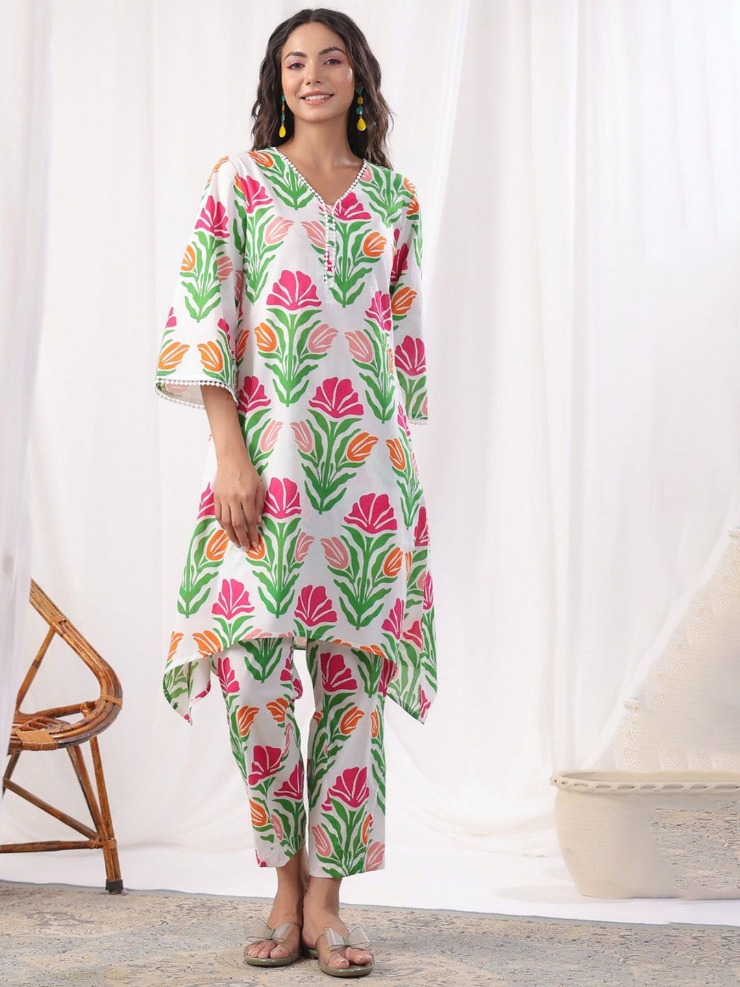 

AUTUMN LANE HARSHINI FERN Printed Pure Cotton Tunic With Trouser, White