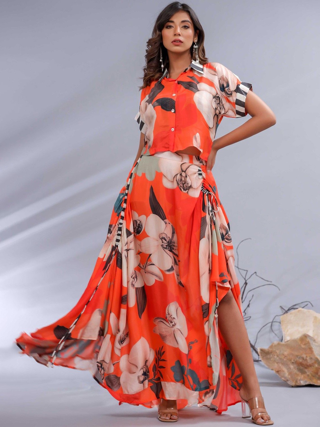 

AUTUMN LANE BIANCA Floral Printed Top And Shirt With Skirt, Orange