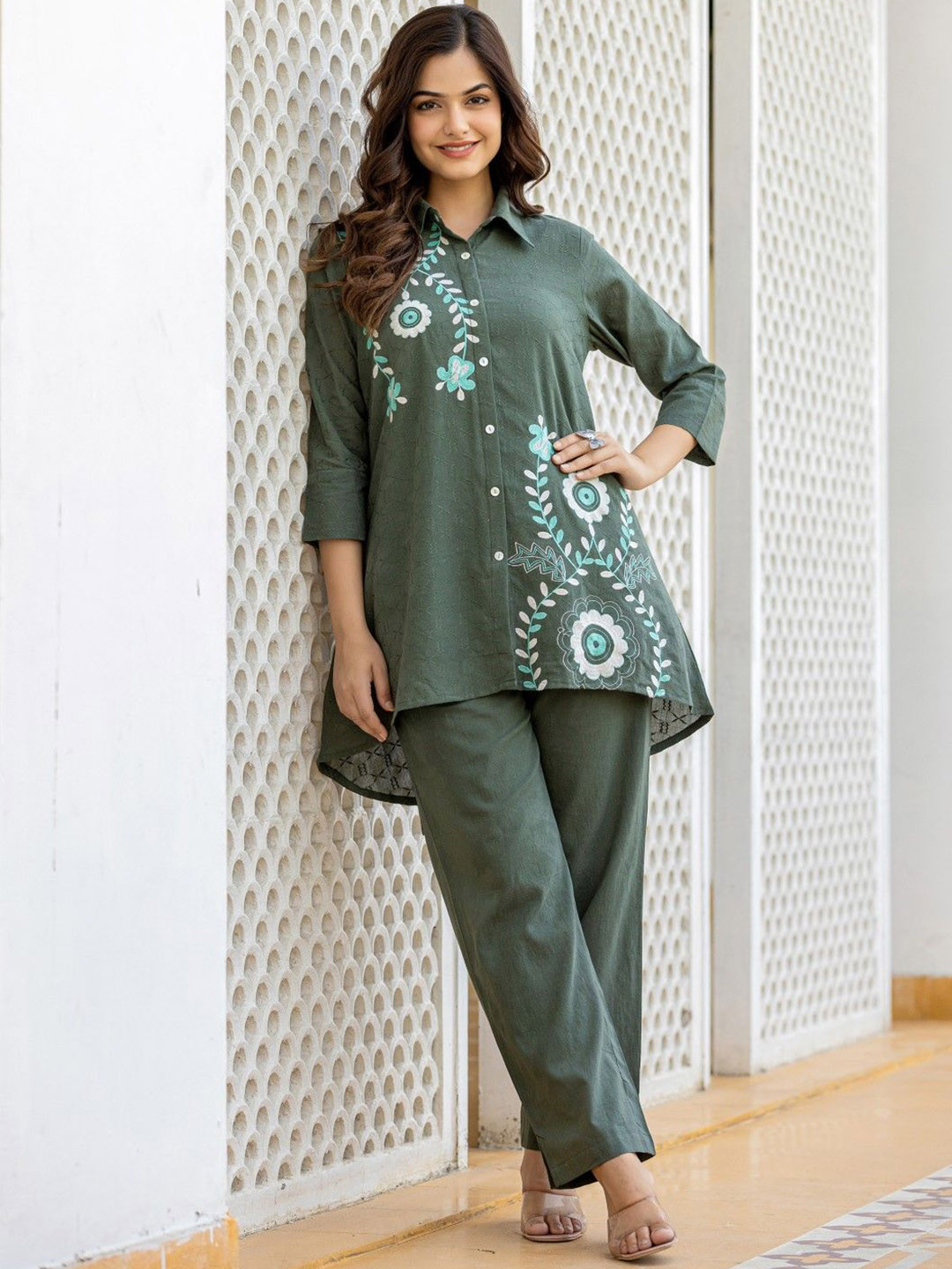 

AUTUMN LANE Embroidered Pure Cotton Tunic With Trouser Co-Ords, Olive
