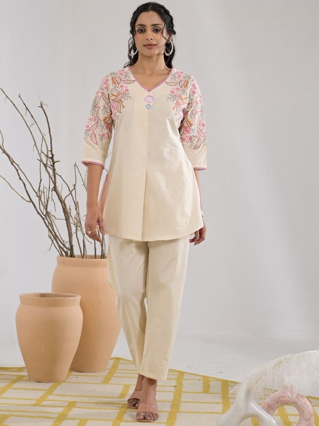 

AUTUMN LANE Teresa Embroidered Pure Cotton Tunic With Trouser, Off white