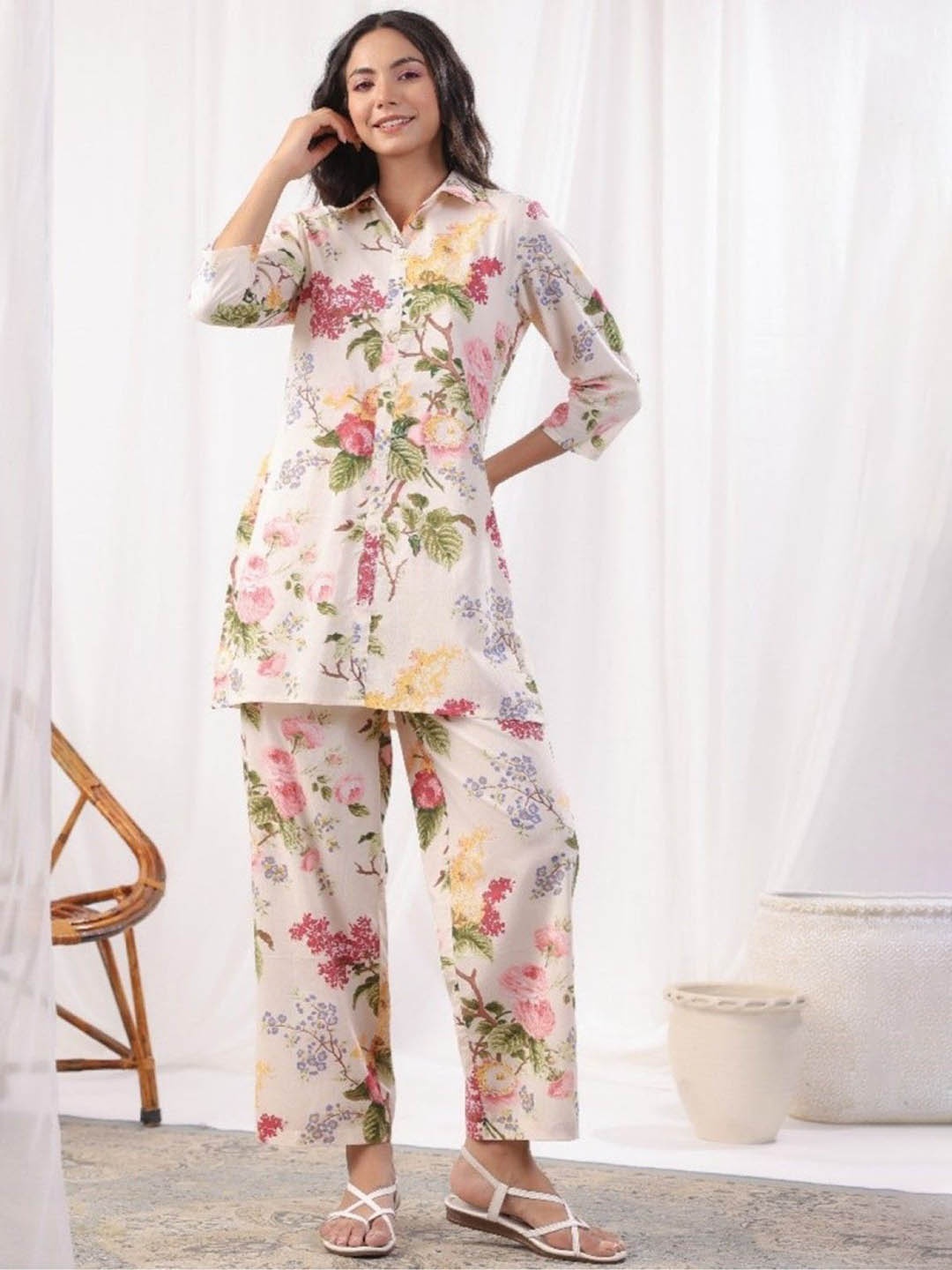 

AUTUMN LANE Printed Pure Cotton Top With Trouser Co-Ords, White