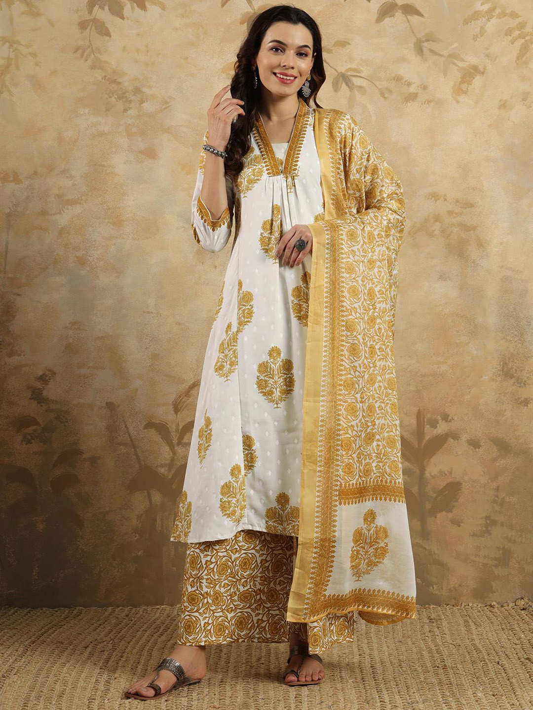 

KALINI Floral Printed Pure Cotton A-Line Kurta with Palazzo & Dupatta, Yellow