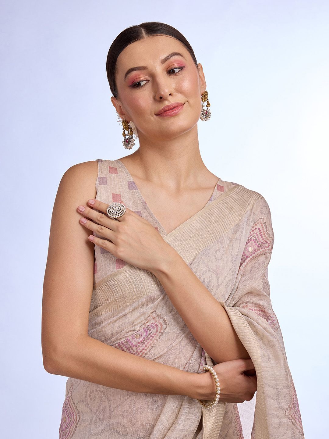 

Mitera Geometric Sequinned Zari Woven Saree, Cream