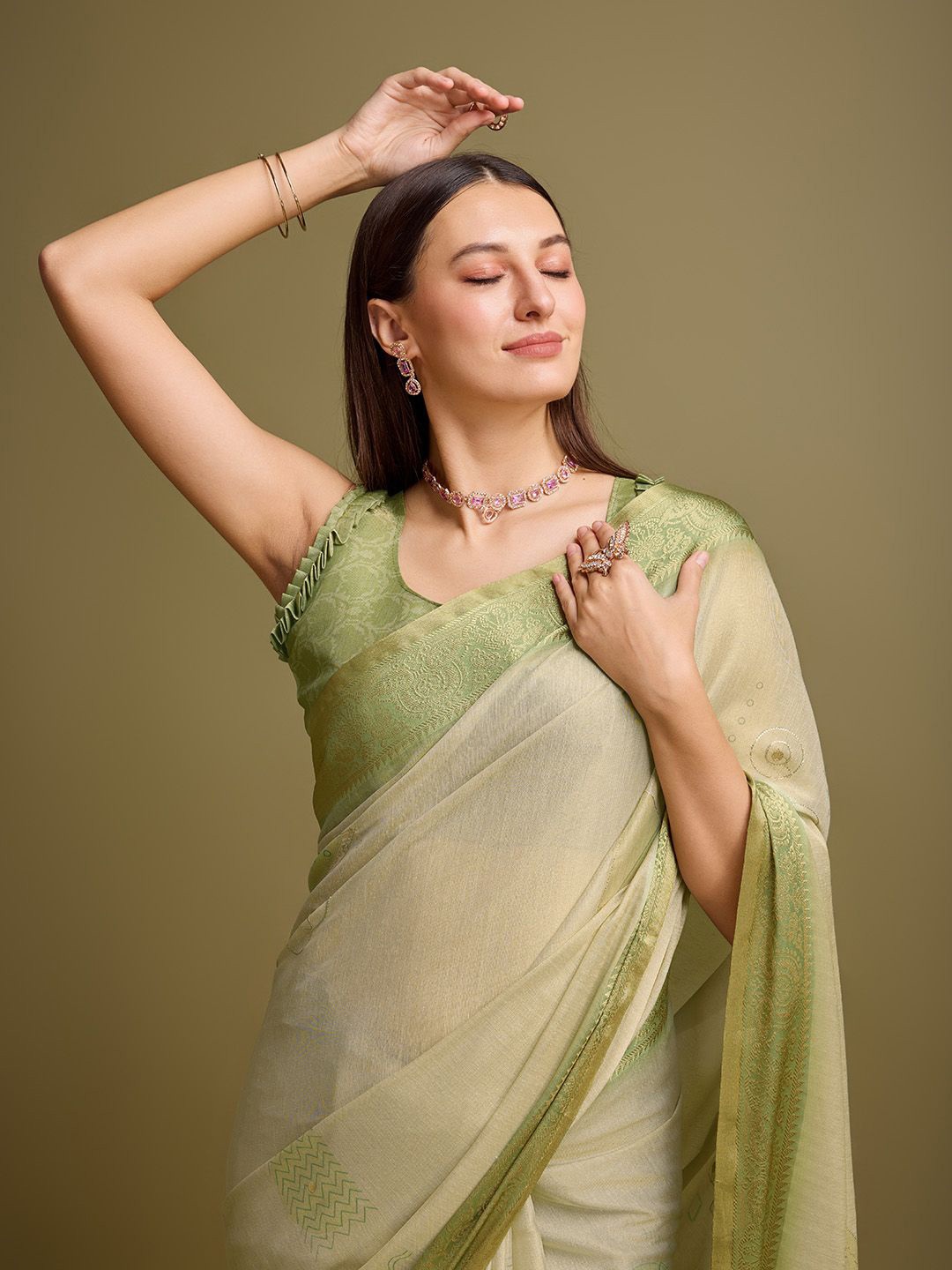 

Mitera Zari Woven Tissue Tassel Saree, Olive