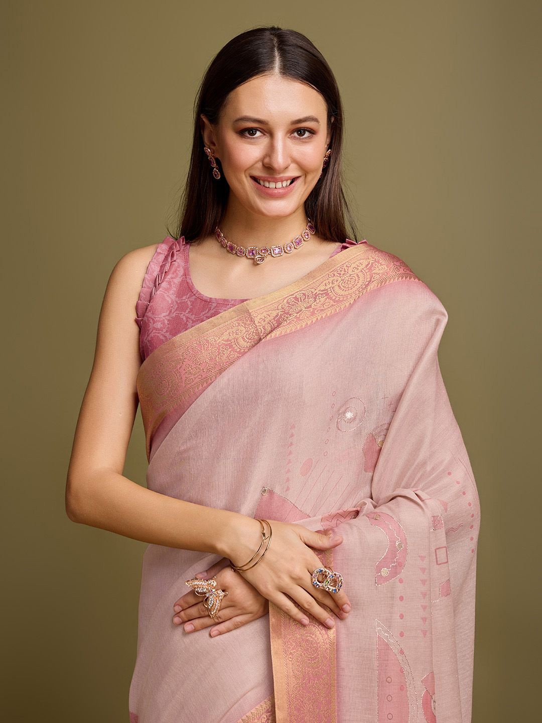 

Mitera Abstract Embellished Zari Woven Saree, Peach