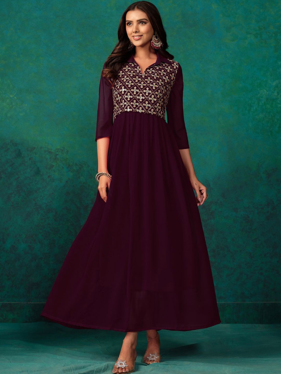

Sangria Womens Embroidered Shirt Collar Anarkali Ethnic Maxi Dresses, Purple