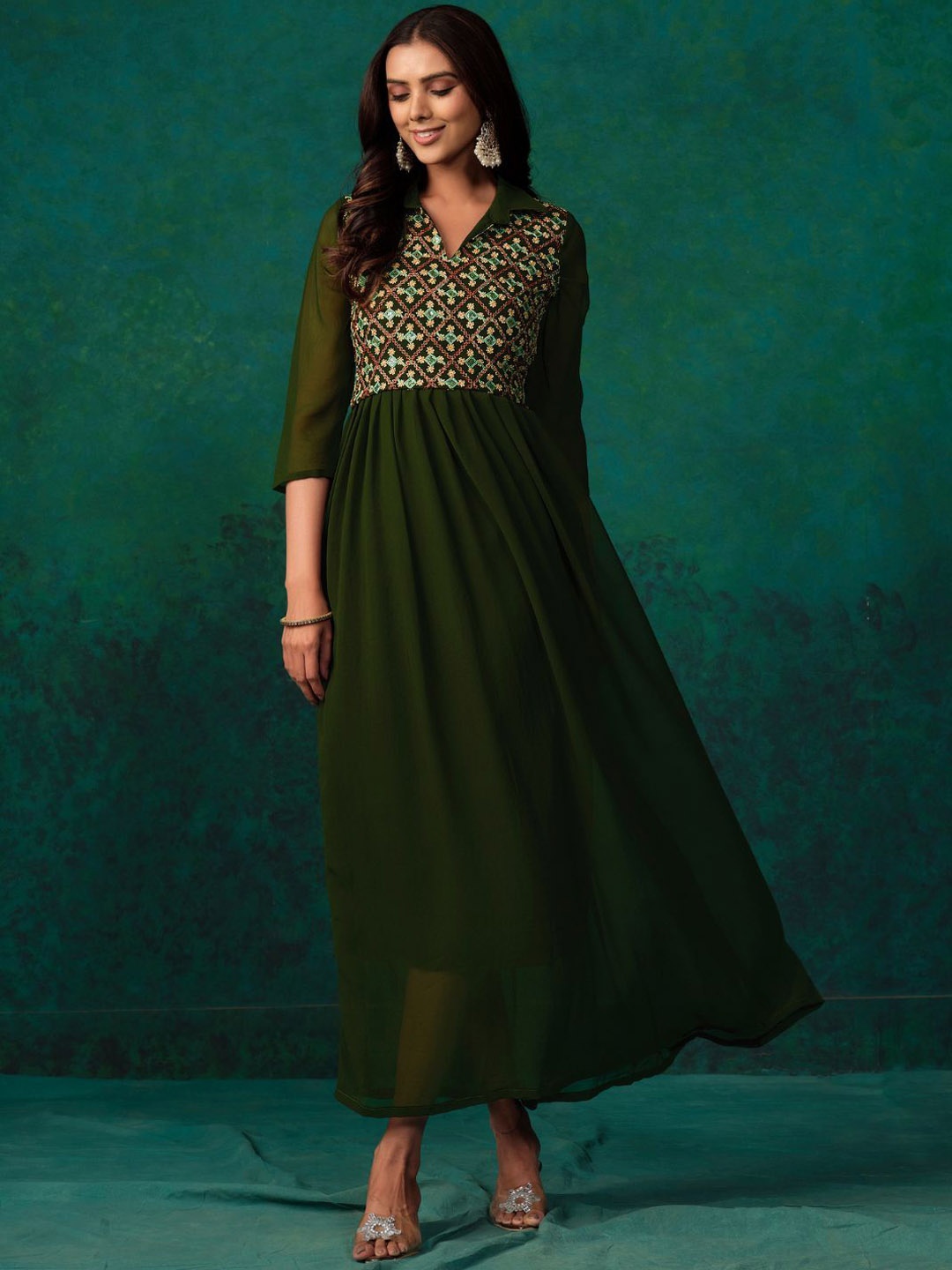 

Sangria Georgette Embroidered Anarkali Ethnic Dresses, Green