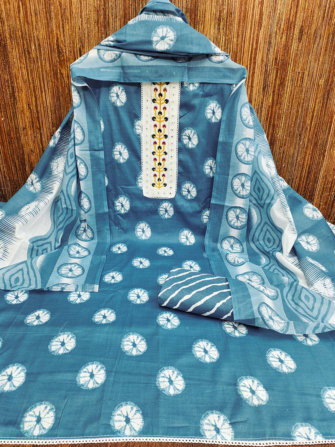 

MANVAA Abstract Printed Thread Work Unstitched Dress Material, Blue
