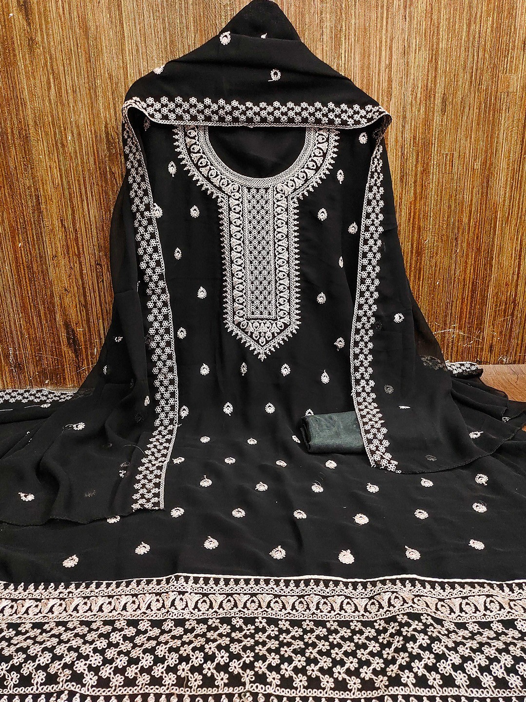 

MANVAA Floral Embroidered Zari Work Silk Georgette Unstitched Dress Material, Black
