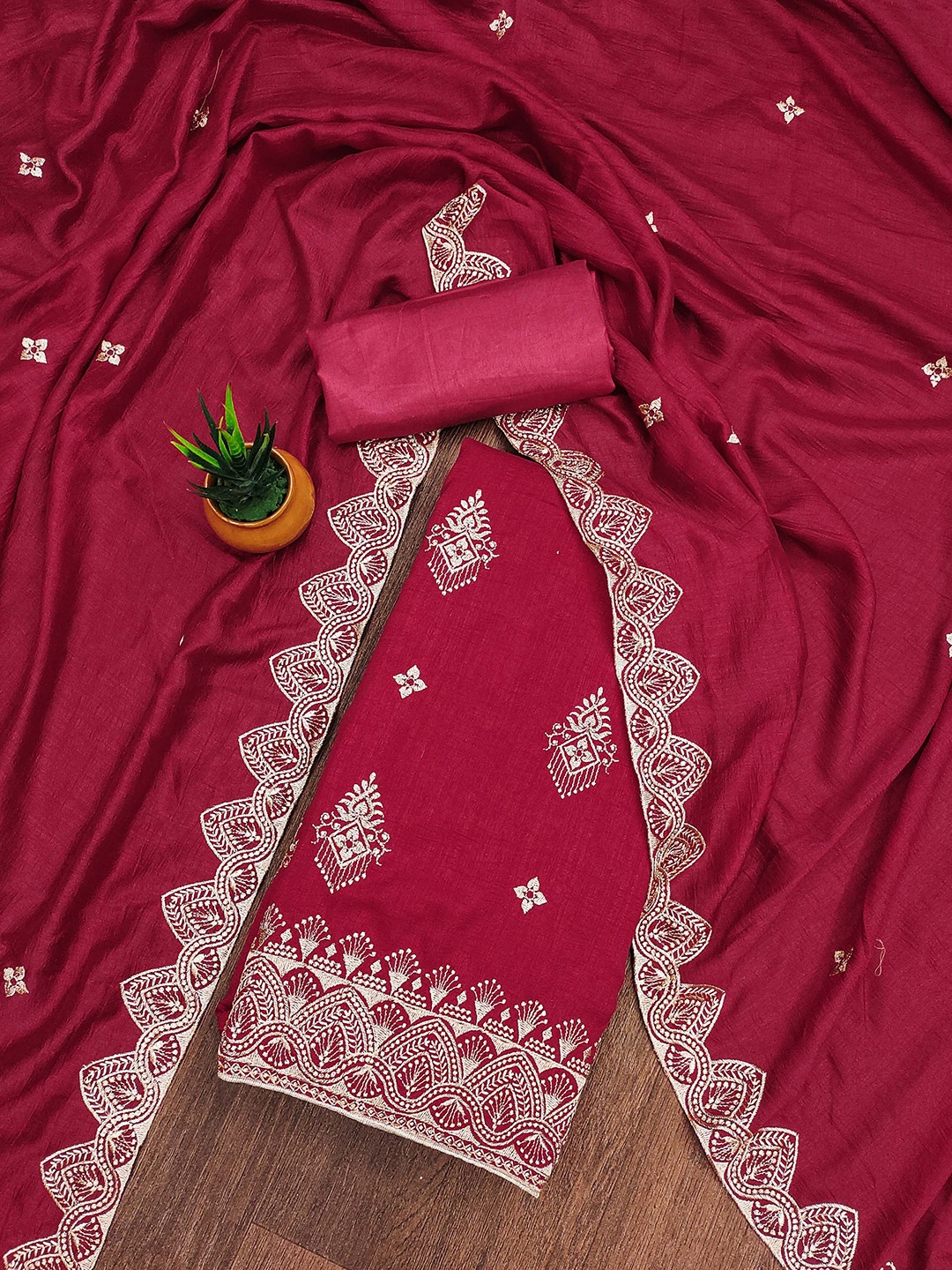 

MANVAA Ethnic Motifs Embroidered Unstitched Dress Material, Pink