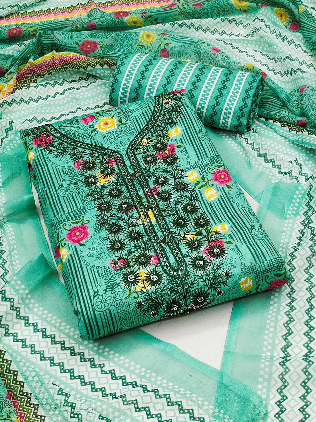 

MANVAA Floral Printed Sequinned Unstitched Dress Material, Green