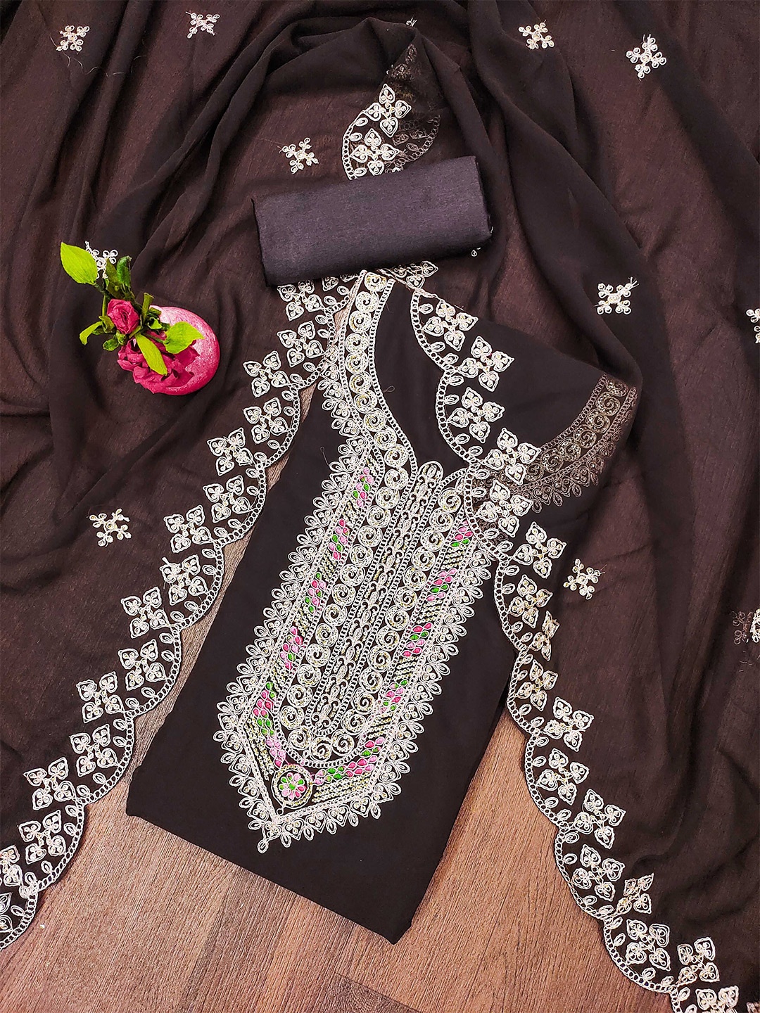 

MANVAA Ethnic Motifs Embroidered Sequinned Unstitched Dress Material, Brown