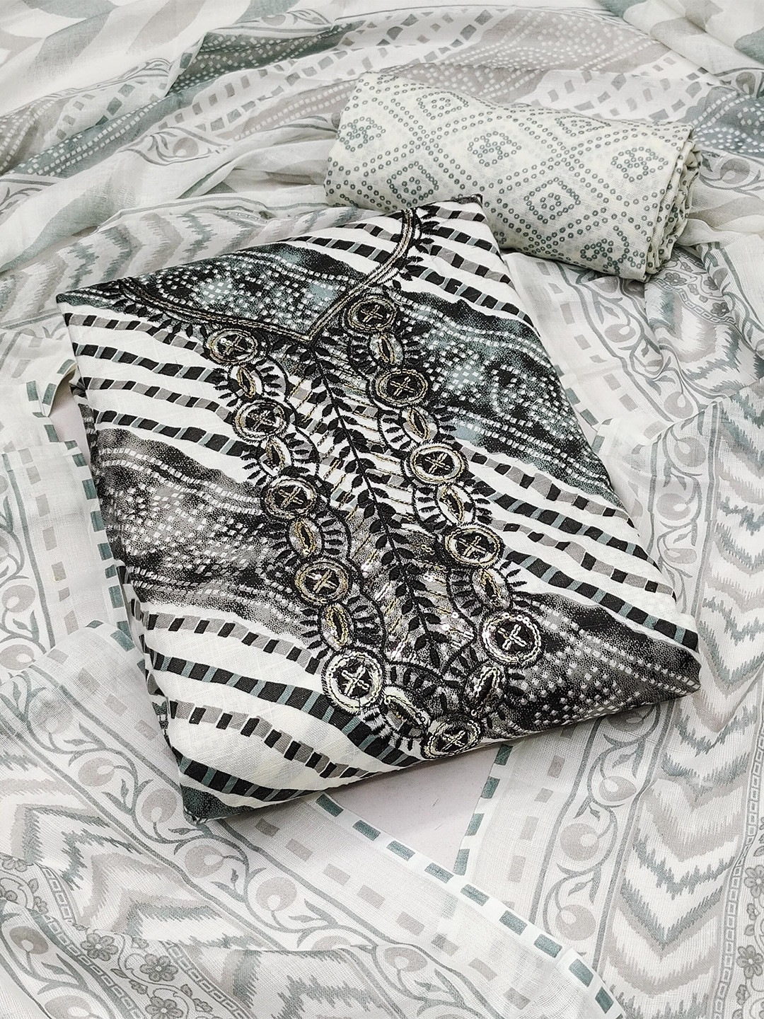 

MANVAA Abstract Printed Sequinned Unstitched Dress Material, Grey